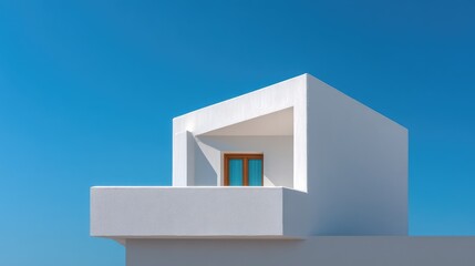 Modern architecture featuring a minimalist white building with a unique cantilevered design against a clear blue sky, showcasing simplicity and elegance in urban design.