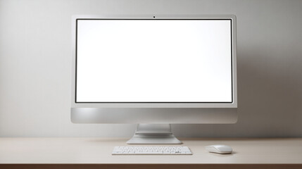 A desktop computer with a blank white screen sits on a desk with a keyboard and mouse