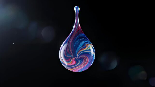 A drop of colorful liquid suspended against a dark background