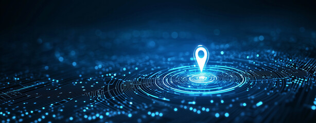Digital location marker, glowing blue, technology background, data visualization, network connections, abstract design, futuristic concept