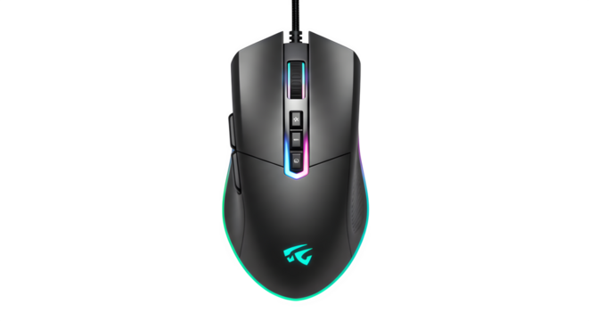 Gray, sleek computer mouse with bright neon edge-lighting isolated on black. Ideal for tech blogs, product reviews, website headers, and technology-themed advertising.