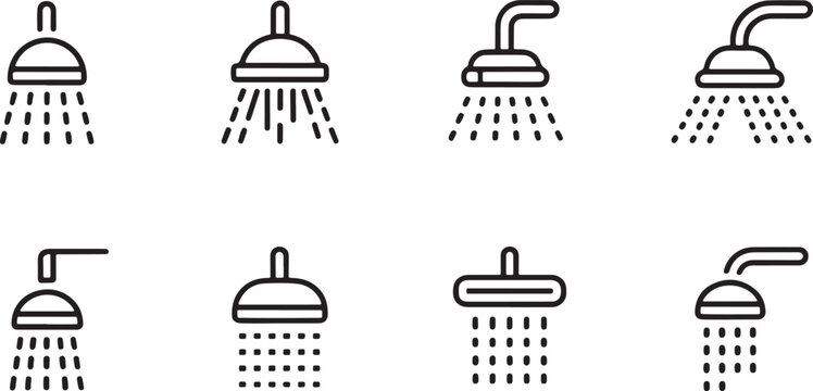 Assortment of shower head icons with water spray droplet