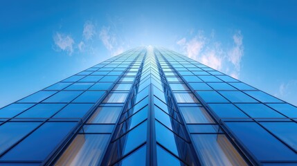 Fototapeta premium Skyscraper in Urban Landscape, Captured from Ground Level, Showcases Glass Facade Against Clear Sky with Soft Clouds and Bright Sunlight Above