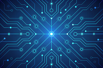 Abstract blue circuit board pattern with glowing center
