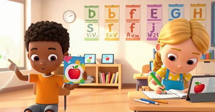 Animated classroom scene with children learning about apples using books and tablets.