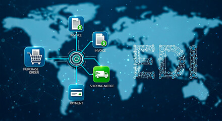 World map with e-commerce infographics. Concept of global online business.