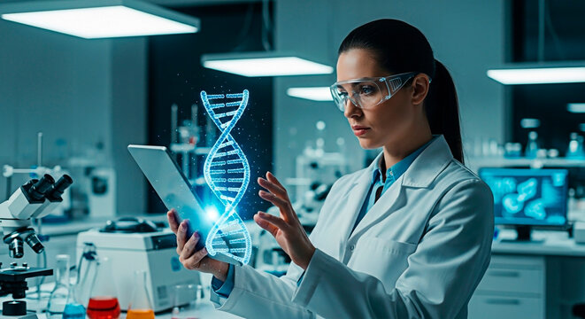 A scientist in a modern laboratory analyzing a digital representation of a DNA strand. The image symbolizes scientific research, innovation, and the exploration of genetic codes.
