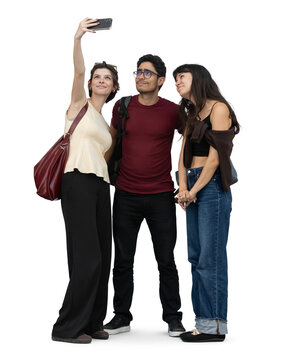 Group of friends standing and taking a selfie isolated on white and transparent background
