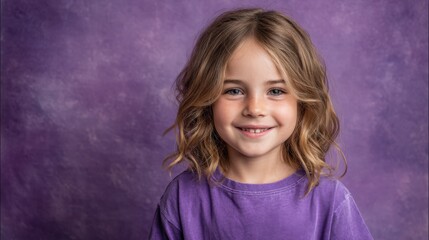 an 8-year-old girl with light brown hair, very beautiful and smiling, wearing a purple T-shirt, on a soft purple background, soft lighting
