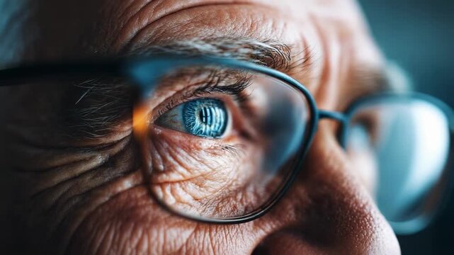 Close-up of a blue iris behind glasses, with wrinkles around the eye.