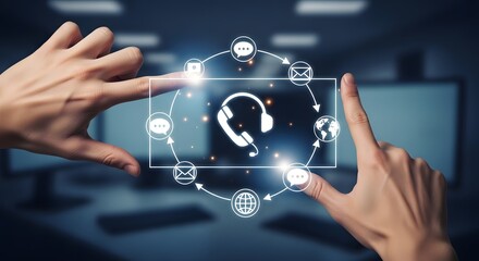 Customer Support and Communication Concept. The image shows two hands framing a digital interface with customer service icons in the background. 