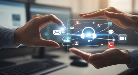Hands interacting with a futuristic virtual interface, symbolizing customer service. Concept of Technology and communication.