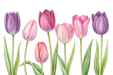 Fototapeta premium A beautiful arrangement of pink and purple tulips on a white background