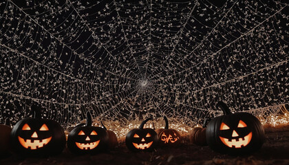 Jack-o'-lantern minacciose e illuminate in primo piano sotto un'enorme e intricata ragnatela luminosa in un'ambientazione notturna di Halloween.