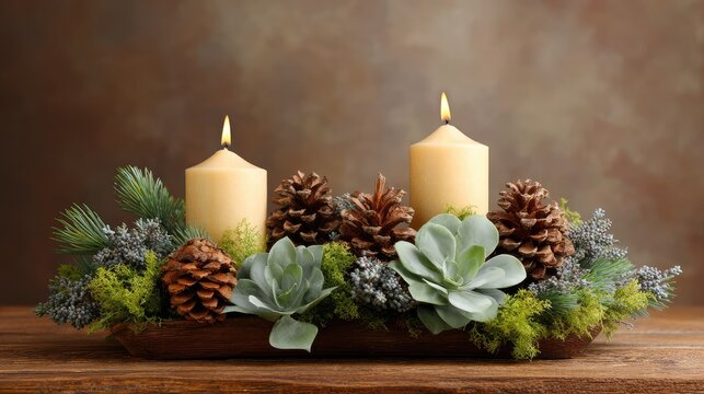 Cozy Autumn Centerpiece Featuring Two Lit Candles Surrounded by Pine Cones and Succulent Plants Against a Warm Background for Seasonal Decor Inspiration