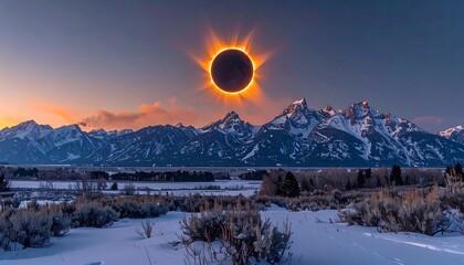 A stunning view of a solar eclipse, with the corona glowing brightly, over a snow-covered landscape and mountain range