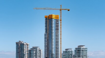 Fototapeta premium Modern Urban Construction Scene with High-Rise Building Under Development and Crane Against Clear Blue Sky