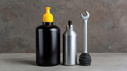 Collection of Tools and Equipment Including a Black Bottle, Metal Canister, and Adjustable Wrench on a Neutral Gray Background for Industrial Themes