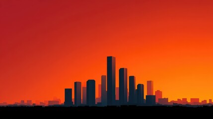 Fototapeta premium Dramatic Sunset Over Urban Skyline with Silhouetted Skyscrapers against a Vibrant Orange and Red Sky, Capturing the Essence of City Life and Evening Glow