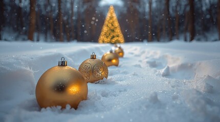 Holidays outdoor winter scene with golden Christmas baubles on snow and glowing tree lights in background, elegant festive composition symbolizing luxury, peace and joyful celebration