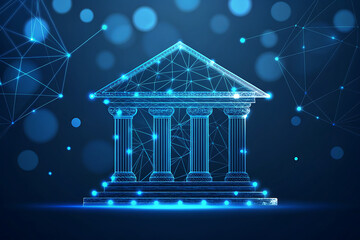 Digital bank building with glowing blue network connections and bokeh lights