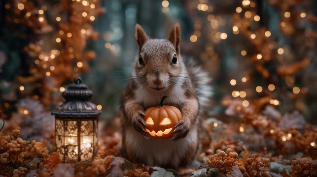Adorable squirrel in autumn leaves holding small pumpkin near glowing lantern jack-o'-lantern, cinematic soft light, fantasy forest background, Halloween mood squirrel, Halloween,