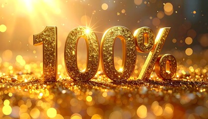 A radiant golden number "100%" sparkles atop a bed of glitter, basking in warm light that radiates from the background. The shot is close up