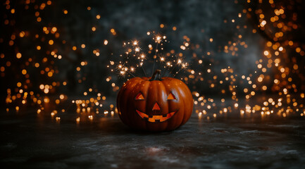 Halloween pumpkin with glowing star-shaped eyes and sparklers, smiling jack o lantern in darkness, festive Halloween atmosphere, warm golden light and black backgroundHalloween pum