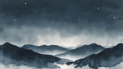 Night sky over mountains in ink wash
