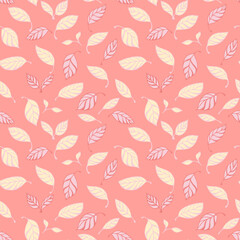 Seamless vector pattern with pastel hand drawn leaves on a coral pink background. Elegant botanical design for fabric, wrapping paper, wallpaper, and seasonal decor