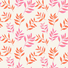 Seamless vector pattern with vibrant orange and pink leafy branches on a soft cream background. Modern botanical design for textiles, wallpapers, packaging and prints