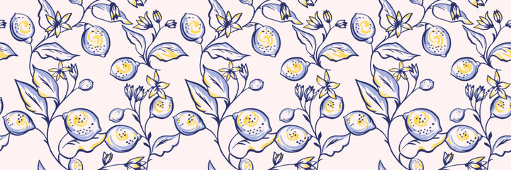 Seamless vector pattern with artistic lemon branches, fruits, leaves, and blossoms in hand drawn style. Template for fabric, wallpaper, wrapping, summer and kitchen design