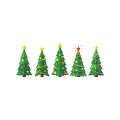 Five festive decorated christmas trees with illuminated stars and baubles ready for winter holidays vector