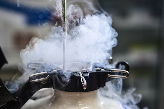 Close-up sperm freezing chamber tank vapor Liquid nitrogen cryogenic storage in laboratory