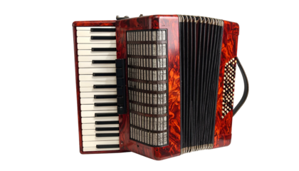 Elegant red-brown accordion, with white keys