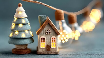 Charming miniature holiday scene with glowing house and festive tree, illuminated by blurred string lights - Powered by Adobe