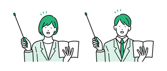 イラスト素材：指示棒を持って説明するスーツを着た若い男女のセット