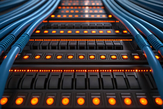 Close up of a server rack with many blue ethernet cables and blinking orange lights