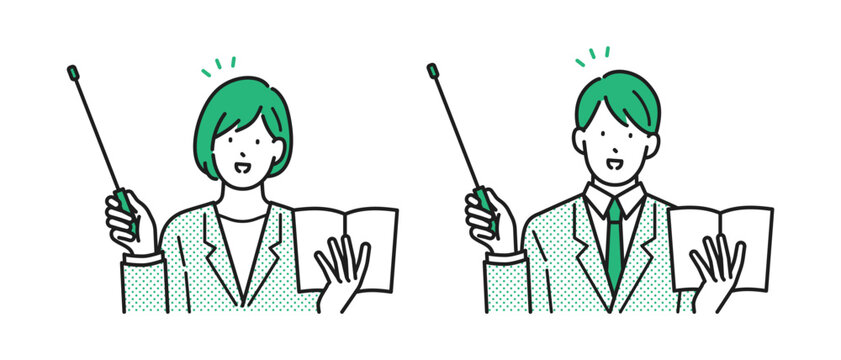 イラスト素材：指示棒を持って説明するスーツを着た若い男女のセット
