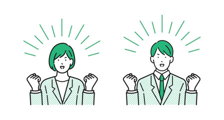 イラスト素材：ポジティブな表情でガッツポーズをとる男女のビジネスパーソン