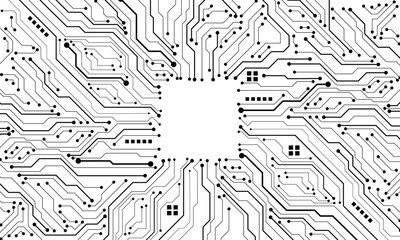 Abstract black circuit board technology connected lines electronics elements computer motherboard chip processor semiconductor digital on white background vector