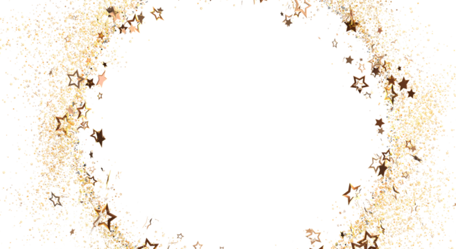 Elegant background featuring scattered golden star confetti and sparkles on a clean white backdrop, perfect for festive designs, invitations, an