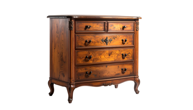 Ornately carved, wooden chest with five drawers