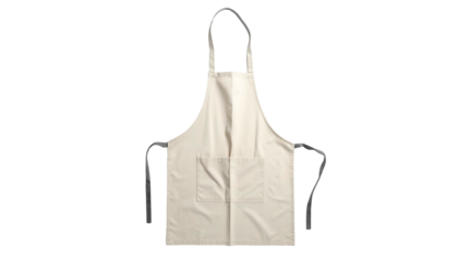 Beige apron, clean and neutral, hanging against black background