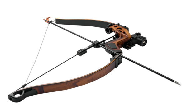 Modern recurve bow with wooden and black components
