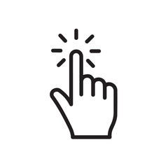 A simple black and white line drawing of a pointing hand icon