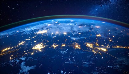 A stunning view of Earth from space, illuminated by city lights beneath a dark, star-filled cosmos. Curvature of the planet is visible