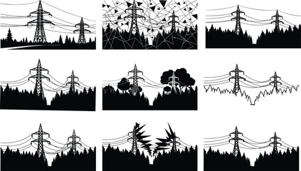 Vector illustration of high voltage electric power lines and pylons in forest landscape showing electricity transmission and energy network infrastructure