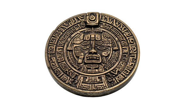 Ornate Aztec-style circular stone carving of a face - Powered by Adobe