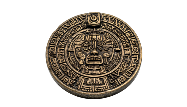 Ornate Aztec-style circular stone carving of a face